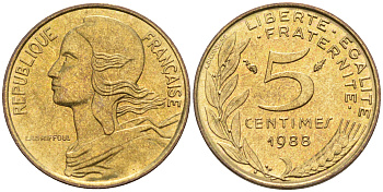Франция 5 сантимов 1988 тип Марианна KM 933 никель алюминий медь    4594-1145