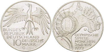 ФРГ 10 МАРОК 1972 G. ОЛИМПИАДА, СТАДИОН KM 133, J. 404 серебро UNC 180-1114