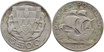 ПОРТУГАЛИЯ 5 ЭСКУДО 1933 ПАРУСНИК KM 581 серебро 4395-847