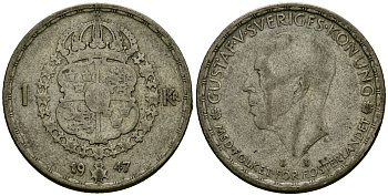 Швеция 1 крона 1947 TS, Густав V (1907-1950) KM 814 серебро 4177-951