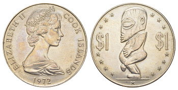 Острова Кука 1 доллар 1972 статуя бога Тангароа (полинезийский бог морской стихии) KM 7 медно-никель UNC 4527-214