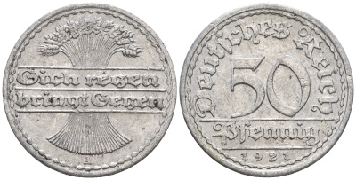 Германия 50 пфеннигов 1921 A KM 27, J. 301 алюминий 60-1126