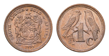 ЮАР 1 цент 1993 герб, капские воробьи KM 132 сталь плакированная медью UNC 4682-965