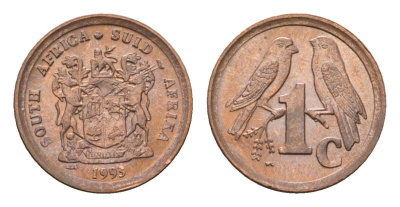 ЮАР 1 цент 1993 герб, капские воробьи KM 132 сталь плакированная медью UNC 4682-965