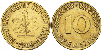 ФРГ 10 ПФЕННИГОВ 1966 F KM 108, J.383 сталь плакированная латунью 4544-1133