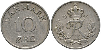 ДАНИЯ 10 ЭРЕ 1955 N; S, ФРЕДЕРИК IX (1947-1972) KM 841.1 медно-никель 116-215