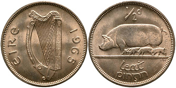 ИРЛАНДИЯ 1/2 ПЕННИ 1965 СВИНЬЯ С ПОРОСЯТАМИ KM 10 бронза 4525-1122