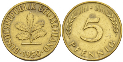 ФРГ 5 ПФЕННИГОВ 1950 D KM 107, J.382 сталь плакированная латунью 4532-1256