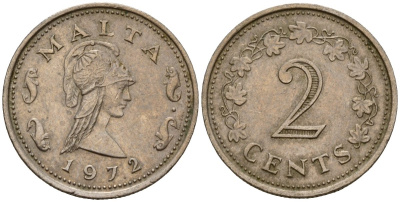 Мальта 2 цента 1972 Пентесилея, царица амазонок KM 9 медь цинк 4154-651