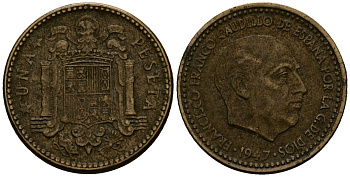 Испания 1 песета 1947 Франсиско Франко (1939 - 1975) KM 775 алюминиевая бронза 4177-916