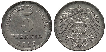 ГЕРМАНИЯ 5 ПФЕННИГОВ 1919 E KM 19, Jager 297, Weege 5 железо 4547-616