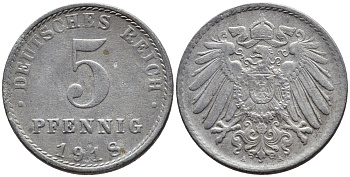 ГЕРМАНИЯ 5 ПФЕННИГОВ 1918 A KM 19, J 297 железо 4396-265