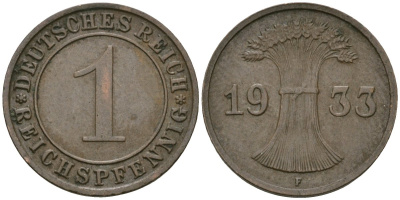 Германия 1 рейхспфенниг 1933 A KM 37, J. 313 бронза 4189-1212
