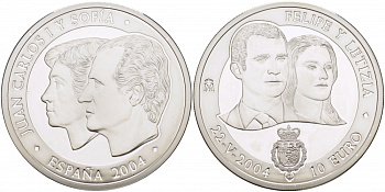 ИСПАНИЯ 10 ЕВРО 2004 СВАДЬБА ФИЛИППА И ЛЕТИЦИИ 24 МАЯ 2004 ГОДА, ПРОБА 925, ВЕС 27 ГР., ТИРАЖ 100000 ЭКЗ., ДИАМЕТР 40 ММ. KM 1097 серебро PROOF 01-163-34