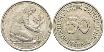 ФРГ 50 ПФЕННИГОВ 1991 А KM 109.2, J. 384 медно-никель 116-616