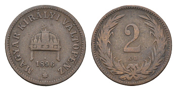 Венгрия 2 филлера 1896 KB, Франц Иосиф I (1848-1916) KM 481 бронза 4665-413