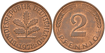 ФРГ 2 пфеннига 1978 D J.381a, KM 106a сталь плакированная медью    4598-837