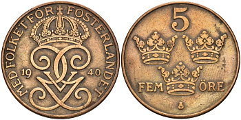 Швеция 5 эре 1940 Густав V (1907-1950) KM 779.2 бронза 4148-235