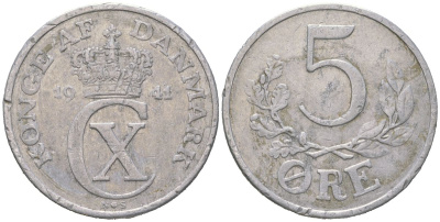 Дания 5 эре 1941 N; S, Кристиан X (1912-1947) KM 834 алюминий 4536-331
