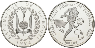 Джибути 100 франков 1994 чемпионат мира по футболу 1994 года в США, тираж 15000 экз. KM 29 серебро PROOF 00-00