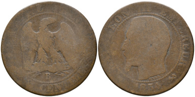 ФРАНЦИЯ 5 САНТИМОВ 1854 В, НАПОЛЕОН III (1852-1870) KM 777.2, LE FRANC 116.9 бронза 28-925