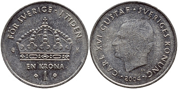 Швеция 1 крона 2004 Карл XVI Густав (1973- ) KM 894 медно-никель 177-252