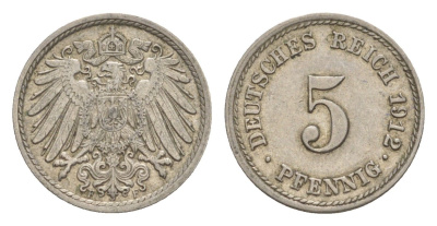 Германия 5 пфеннигов 1912 F, Вильгельм II (1888-1918) KM 11, J. 12 медно-никель 4640-142
