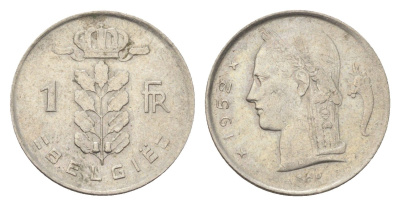 Бельгия 1 франк 1952 Belgie, Бодуэн I (1951-1993) KM 143.1 медно-никель 4702-1046