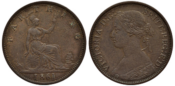 Великобритания 1 фартинг 1861 Виктория (1837-1901) KM 747.2, Spink 3958 бронза 1523-1225
