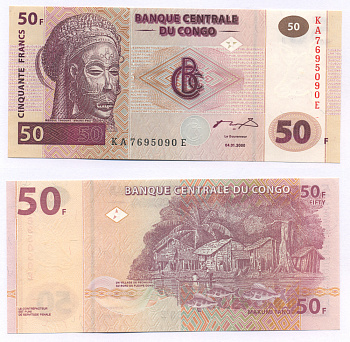 ДР Конго 50 франков 2000 маска, рыбаки, серия КА-Е Pick 91 бумага UNC (пресс) 448-8-2