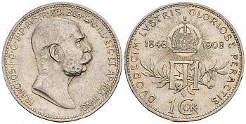 Австрия 1 крона 1908 60 лет правлению, Франц Иосиф I (1848-1916) KM 2808 серебро aUNC 219-1225
