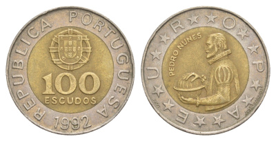 Португалия 100 эскудо 1992 Педру Нуниш (1502-1578), математик KM 645 биметалл 4390-1026