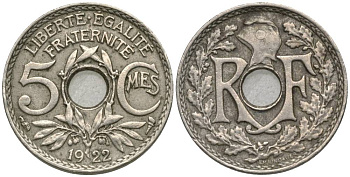 ФРАНЦИЯ 5 САНТИМОВ 1922 ТИП LINDAUER, PETIT MODULE KM 875, LE FRANC 122.4 медно-никель 4549-1232