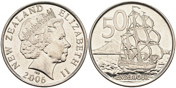 Новая Зеландия 50 центов 2006 Елизавета II (1952-2022), парусник Индевор KM 119а никелированная сталь 4579-1047