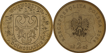 Польша 2 злотых 2004 MW, серия польские воеводства, Дольнославское воеводство KM 484 нордик  UNC  4635-815