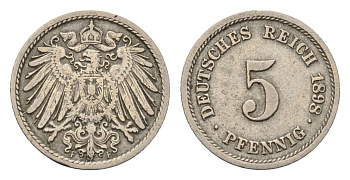 Германия 5 пфеннигов 1898 F, Вильгельм II (1888-1918) KM 11, J. 12 медно-никель 4684-214