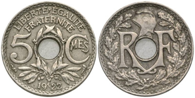 ФРАНЦИЯ 5 САНТИМОВ 1922 ТИП LINDAUER, PETIT MODULE KM 875, LE FRANC 122.4 медно-никель 4549-1232