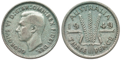 Австралия 3 пенса 1949 m, Георг VI (1937-1952), без букв KM 44 серебро 71-234