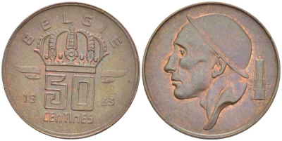 БЕЛЬГИЯ 50 САНТИМОВ 1953 BELGIE, БОДУЭН I (1951-1993) KM 145 бронза 206-137