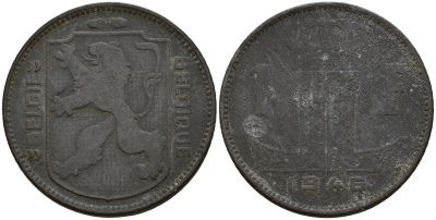 Бельгия 1 франк 1945 Belgie - Belgique, Леопольд III (1934-1947), германская оккупация, Вторая мировая война KM 128 цинк 4161-551