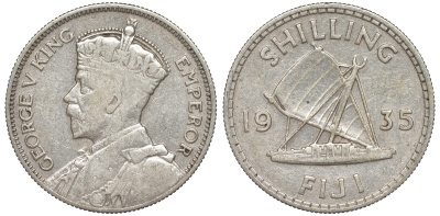 Фиджи 1 шиллинг 1935 Георг V (1910-1936), парусник KM 4 серебро    91-1025