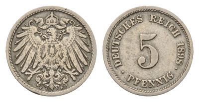 Германия 5 пфеннигов 1898 F, Вильгельм II (1888-1918) KM 11, J. 12 медно-никель 4684-214