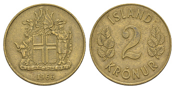 Исландия 2 кроны 1966 KM 13a.1 никель латунь 4635-122