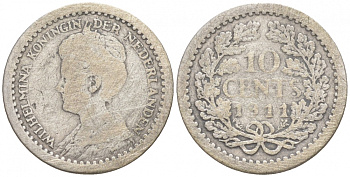 НИДЕРЛАНДЫ 10 ЦЕНТОВ 1911 ВИЛЬГЕЛЬМИНА KM 145 серебро 44-1021