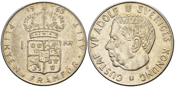 Швеция 1 крона 1965 U, Густав VI Адольф (1950-1973) KM 826 серебро 4150-157