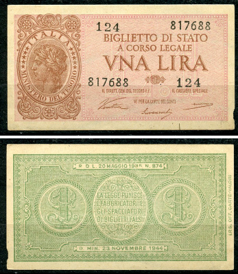 Италия 1 лира 1944 подписи Ventura, Simoneschi, Giovinco Pick 29 a, Grapanzano BS 8  бумага  aUNC 8614-1-1-1