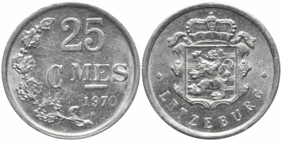 Люксембург 25 сантимов 1970 Герцог Жан (1964-1999) KM 45a.1 алюминий 100-628