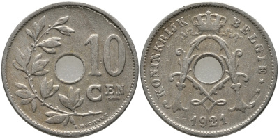 БЕЛЬГИЯ 10 САНТИМОВ 1921 BELGIE KM 86 медно-никель 4364-2651
