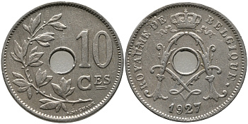 БЕЛЬГИЯ 10 САНТИМОВ 1927 BELGIQUE, БРАК KM 85.1 медно-никель 4381-443