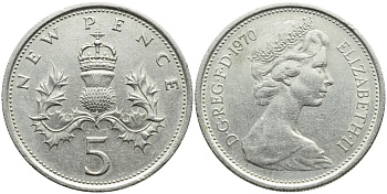 Великобритания 5 пенсов 1970 Елизавета II (1952-2022) KM 911, Spink 4233 (D1) медно-никель 4395-333